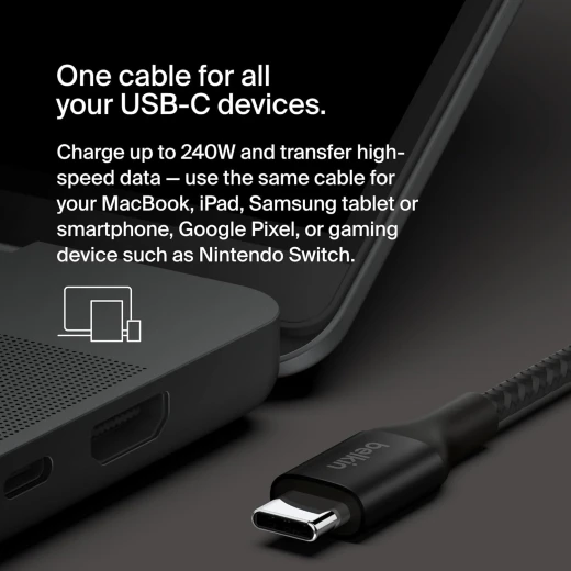 Belkin 240W USB-C to USB-C Cable 3.3ft Black - Fast Charging for iPhone, Samsung, MacBook & More - Belkin - Image 2