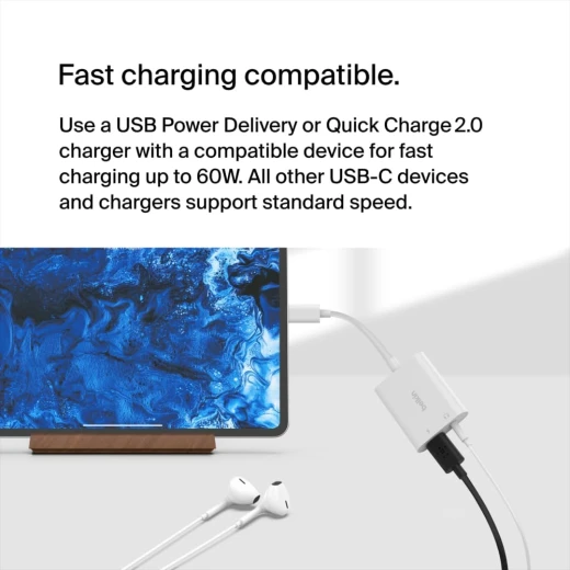 محول صوت بيلكين Rockstar USB-C مع منفذ 3.5 ملم وشحن - أبيض - iPad Pro, Galaxy, Pixel - بيلكين - Image 6