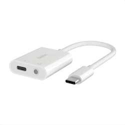 محول صوت بيلكين Rockstar USB-C مع منفذ 3.5 ملم وشحن - أبيض - iPad Pro, Galaxy, Pixel