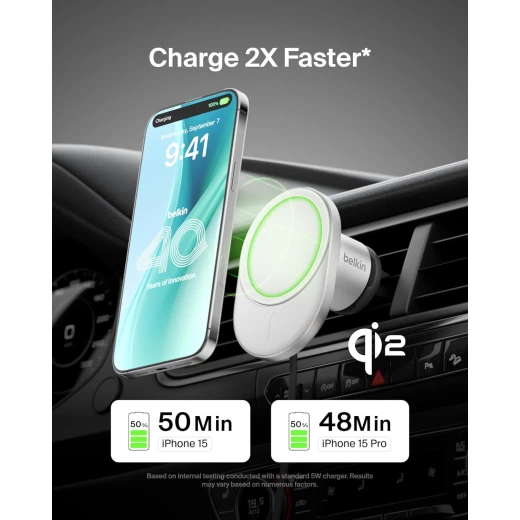 Belkin MagSafe Wireless Car Charger 15W - Secure Magnetic Vent Mount for iPhone 17/16/15/14/13 & Pixel 10 - White - Belkin - Image 2