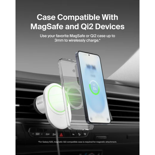 Belkin MagSafe Wireless Car Charger 15W - Secure Magnetic Vent Mount for iPhone 17/16/15/14/13 & Pixel 10 - White - Belkin - Image 3