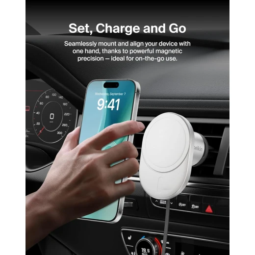 Belkin MagSafe Wireless Car Charger 15W - Secure Magnetic Vent Mount for iPhone 17/16/15/14/13 & Pixel 10 - White - Belkin - Image 8