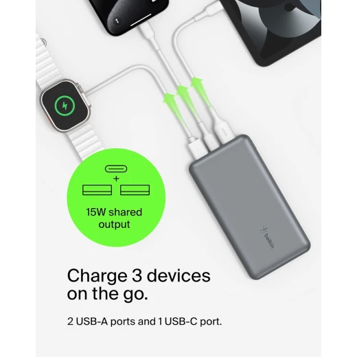 Belkin BoostCharge 3-Port 10K Power Bank with USB-C 15W, dual USB-A, 15cm USB-A to USB-C Cable, SPACE GRAY - Belkin - Image 9