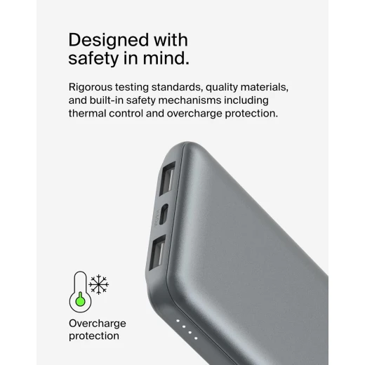 Belkin BoostCharge 3-Port 10K Power Bank with USB-C 15W, dual USB-A, 15cm USB-A to USB-C Cable, SPACE GRAY - Belkin - Image 2