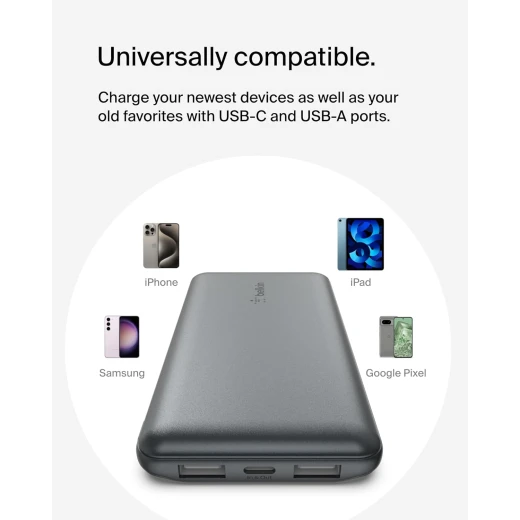 Belkin BoostCharge 3-Port 10K Power Bank with USB-C 15W, dual USB-A, 15cm USB-A to USB-C Cable, SPACE GRAY - Belkin - Image 3