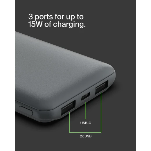 Belkin BoostCharge 3-Port 10K Power Bank with USB-C 15W, dual USB-A, 15cm USB-A to USB-C Cable, SPACE GRAY - Belkin - Image 4