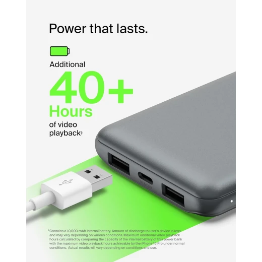 Belkin BoostCharge 3-Port 10K Power Bank with USB-C 15W, dual USB-A, 15cm USB-A to USB-C Cable, SPACE GRAY - Belkin - Image 5