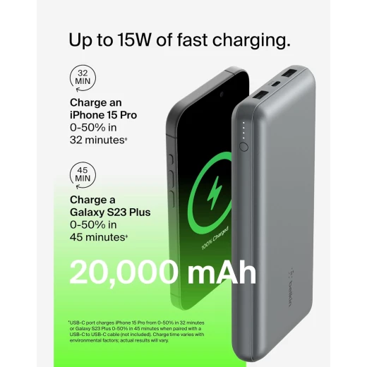 Belkin 20000mAh USB-C Power Bank Portable Charger with 2 USB-A Ports - Gray - Belkin - Image 7