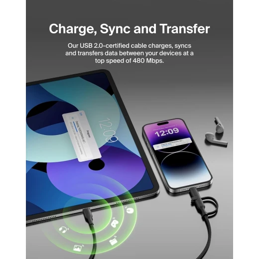 Belkin 2-in-1 Fast Charging Cable: USB-C & Lightning Connector, Braided Black - Belkin - Image 3