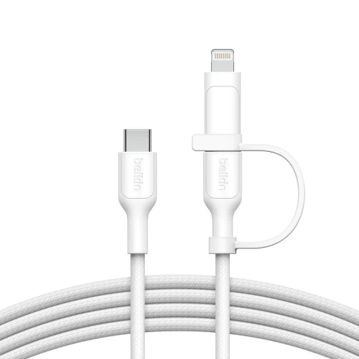 Belkin 2-in-1 Braided Charging Cable: USB-C & Lightning Connectors for iPhone, iPad, Samsung - White Belkin 2-in-1 Braided Charging Cable: USB-C & Lightning Connectors for iPhone, iPad, Samsung - White
