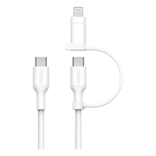 Belkin 2-in-1 Braided Charging Cable: USB-C & Lightning Connectors for iPhone, iPad, Samsung - White - Belkin - Image 3