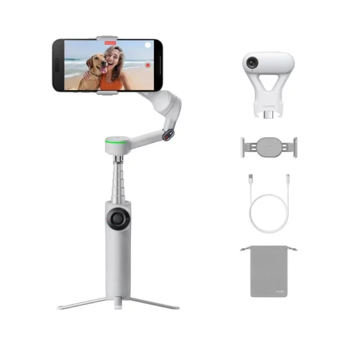 مجموعة Insta360 Flow 2 Pro AI Tracker رمادي مثبت كاميرا هاتف ذكي بتقنية الذكاء الاصطناعي مع تثبيت 3 محاور وتتبع نشط 5.0 وعصا سيلفي مدمجة - انستا 360