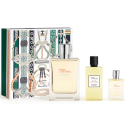 طقم هدايا هيرمس تيري دي هيرمس أو جيفري للرجال 100 مل عطر، 12.5 مل عطر، 80 مل جل استحمام