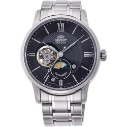 Orient 'Sun & Moon' Open Heart Automatic Watch, Black Dial, Silver Steel Band