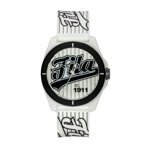 Fila Reinterpret 70's Watch Black Dial Black PC Case 42.5mm with Black Silicone Strap and Japanese Miyota Quartz Movement for Men REF 38-330-005 5 ATM Water Resistance Fila Reinterpret 70's Watch Black Dial Black PC Case 42.5mm with Black Silicone Strap and Japanese Miyota Quartz Movement for Men REF 38-330-005 5 ATM Water Resistance