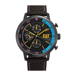 ساعة CAT Sail 1.2 زرقاء و قرص وردي مع سوار سيليكون أسود، علبة ستانلس ستيل 46 مم، مقاومة للماء حتى 100 متر، حركة TMI VX9N، عرض التاريخ و 24 ساعة