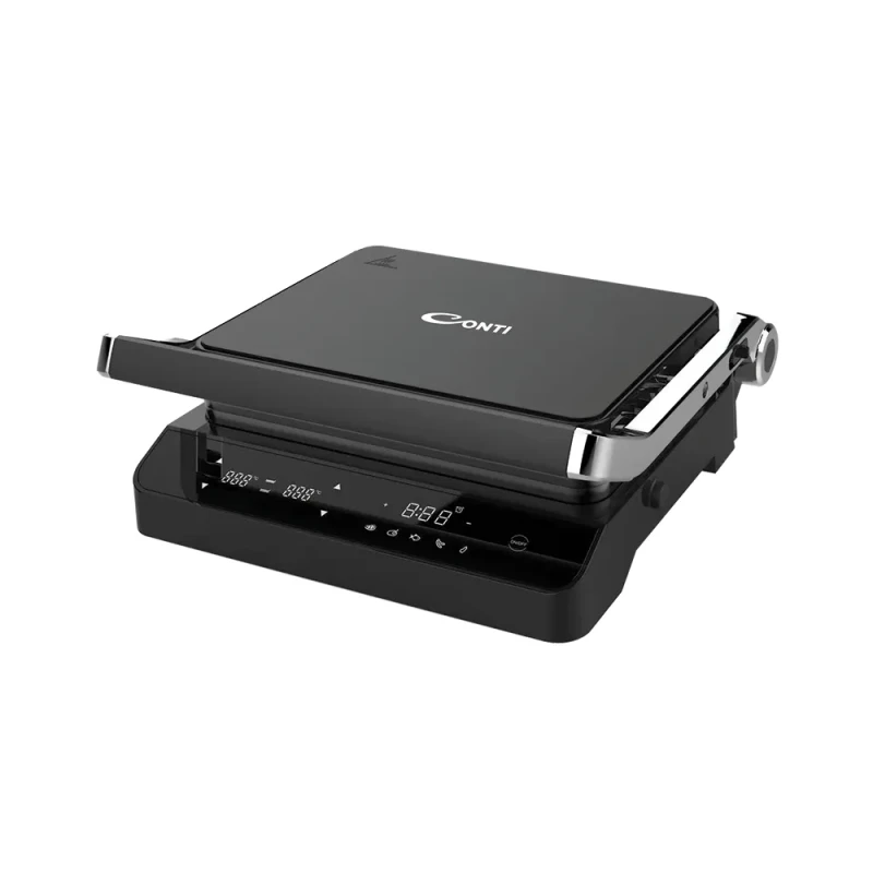 Conti Contact Grill 2000W Digital Black with 90 Degree Opening Angle and Timer Function for Even Cooking of Meats, Vegetables, and More. Perfect for Home Use - Conti