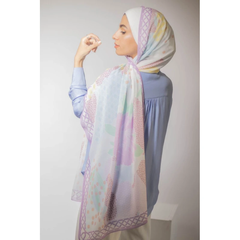 Flower Power Georgette Chiffon Hijab Soft Comfortable Purple 300x70cm Scarf - Kain