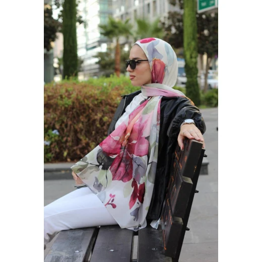 Winter Rose Georgette Chiffon Hijab Scarf Lightweight Comfortable 300x70cm - Winter rose - Image 2