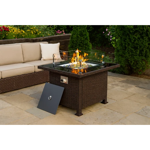 Fire Sense Square Tile Top Gas Fire Pit Table - Brown Steel Frame, Glass Beads & Windscreen - Fire sense - Image 4