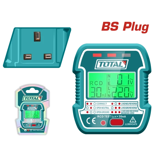 TOTAL LCD Socket Tester with RCD function BS plug 90-250V reliable electrical tester for safety checks TOTAL LCD Socket Tester with RCD function BS plug 90-250V reliable electrical tester for safety checks