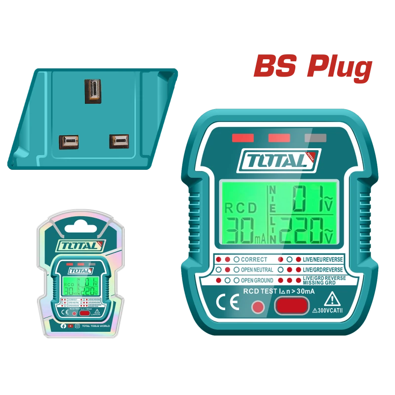 TOTAL LCD Socket Tester with RCD function BS plug 90-250V reliable electrical tester for safety checks - Total