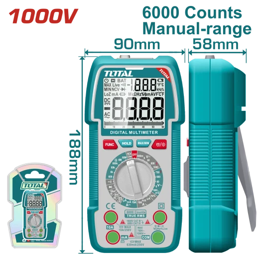 TOTAL Digital Multimeter 1000V – TRMS 6000 Counts, DC/AC Voltage & Current, NCV, Backlight & Flashlight (TMT5310002) TOTAL Digital Multimeter 1000V – TRMS 6000 Counts, DC/AC Voltage & Current, NCV, Backlight & Flashlight (TMT5310002)