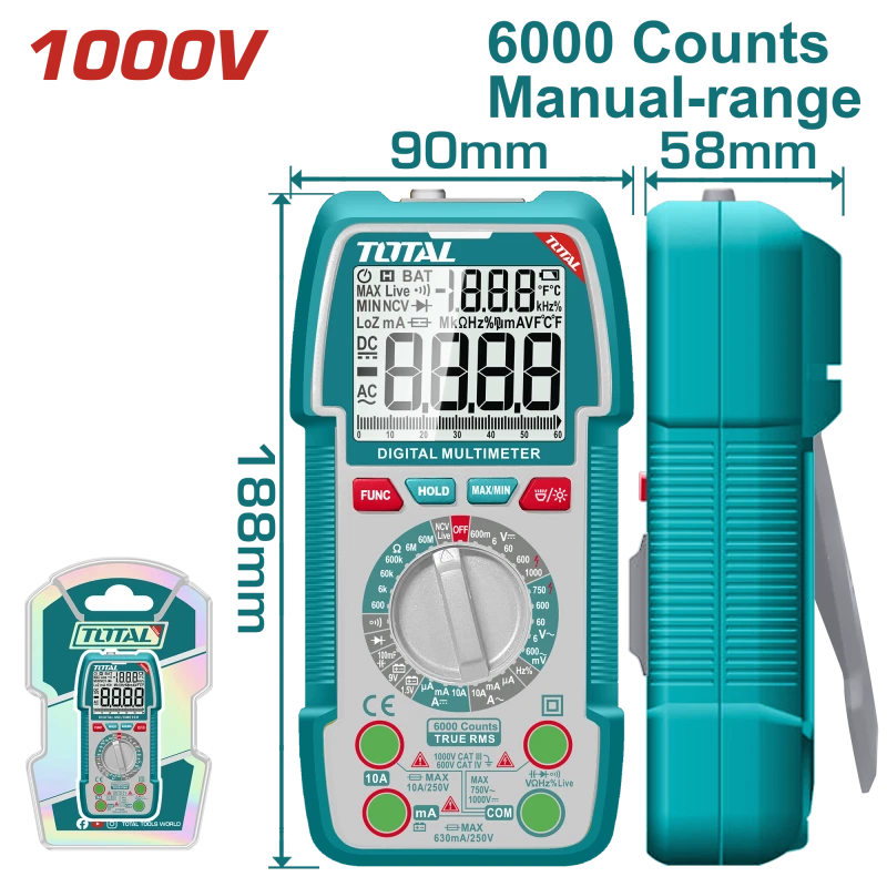 ملتيميتر رقمي 1000 فولت – شاشة TRMS بعداد 6000، قياس DC/AC، مع NCV وكشاف من توتال (TMT5310002) - توتال