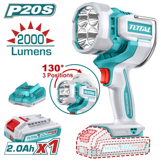TOTAL 20V Cordless LED Work Lamp with 3 Brightness Modes, 2000 Lumens, Adjustable Head, Ergonomic Grip, and Metal Hanger. Includes Battery and Charger. TOTAL 20V Cordless LED Work Lamp with 3 Brightness Modes, 2000 Lumens, Adjustable Head, Ergonomic Grip, and Metal Hanger. Includes Battery and Charger.