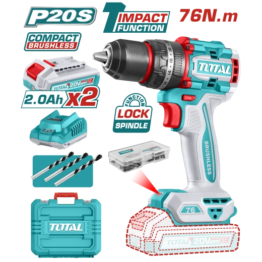 TOTAL Brushless Cordless Impact Drill 76N.m – 20V (TIDLI20768) TOTAL Brushless Cordless Impact Drill 76N.m – 20V (TIDLI20768)