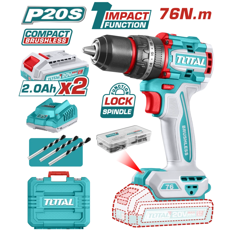 TOTAL Brushless Cordless Impact Drill 76N.m – 20V (TIDLI20768) - Total