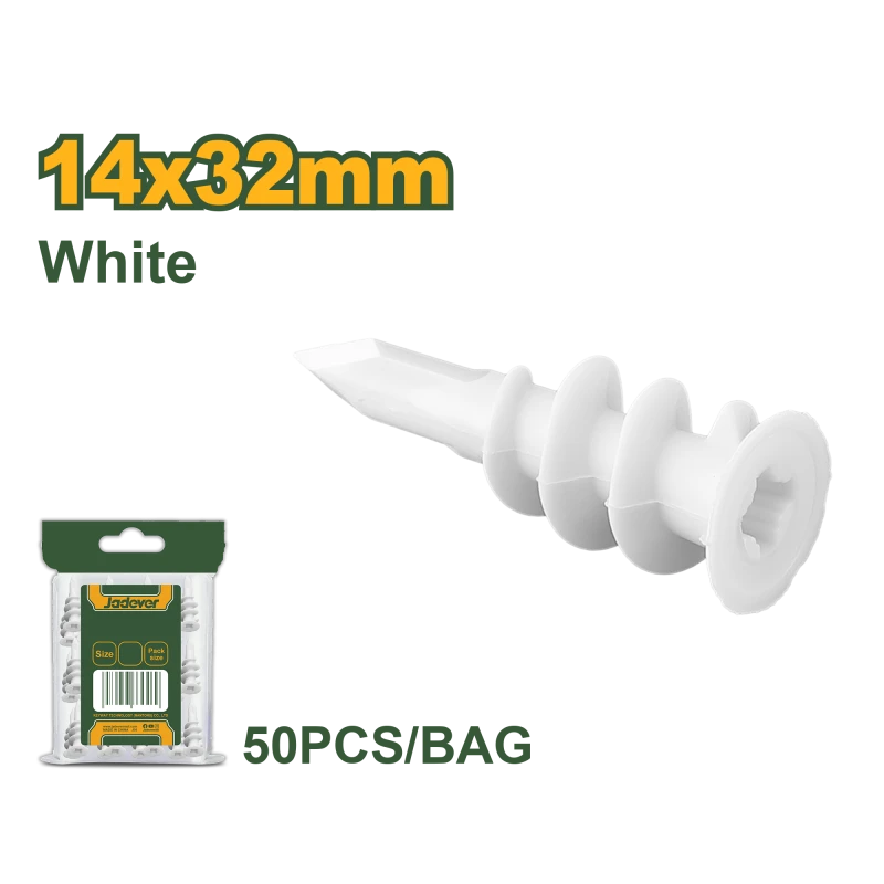 JADEVER Nylon Drywall Anchors for Secure Fastening PA66 White 14x32mm 50-Piece Pack Ideal for Shelves, Fixtures, and Frames Durable Construction Easy Installation - Jadever