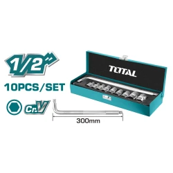 TOTAL 10PC 1/2 Inch Socket Set THTL121101 Chrome Vanadium Steel with T-Handle in Portable Plastic Case