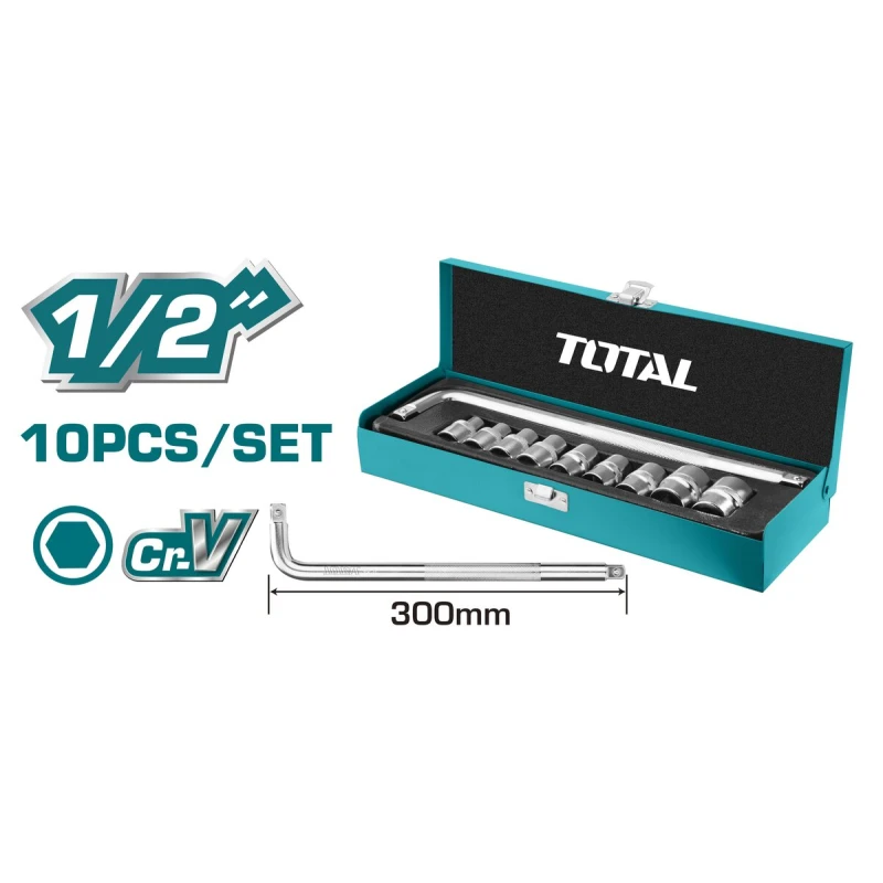 TOTAL 10PC 1/2 Inch Socket Set THTL121101 Chrome Vanadium Steel with T-Handle in Portable Plastic Case - Total