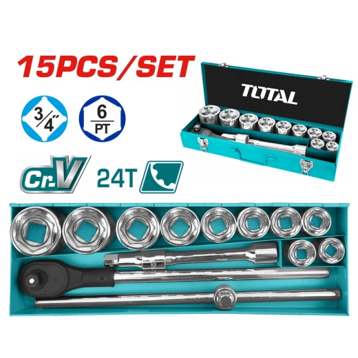 TOTAL 15PC 3/4 Drive Socket Set THT341151 | Chrome Vanadium Steel 50BV30 | Heavy Duty Mechanical Repair Kit with Durable Airtight Plastic Case TOTAL 15PC 3/4 Drive Socket Set THT341151 | Chrome Vanadium Steel 50BV30 | Heavy Duty Mechanical Repair Kit with Durable Airtight Plastic Case