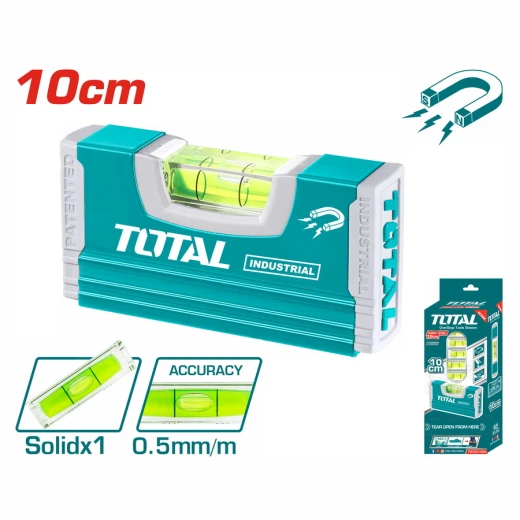 TOTAL Hand Level 10cm (TMT20105M), Compact and Durable Spirit Level with 0.5mm/m Accuracy, Lightweight Metal Construction