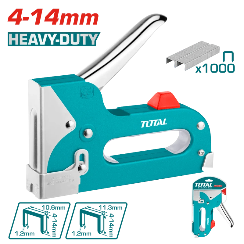 Total Heavy-Duty Staple Gun 4-14 mm with Staples (THT31142) – Durable Metal Body, Comfortable Grip, Ideal for Thick Fabrics & Woodworking - Total
