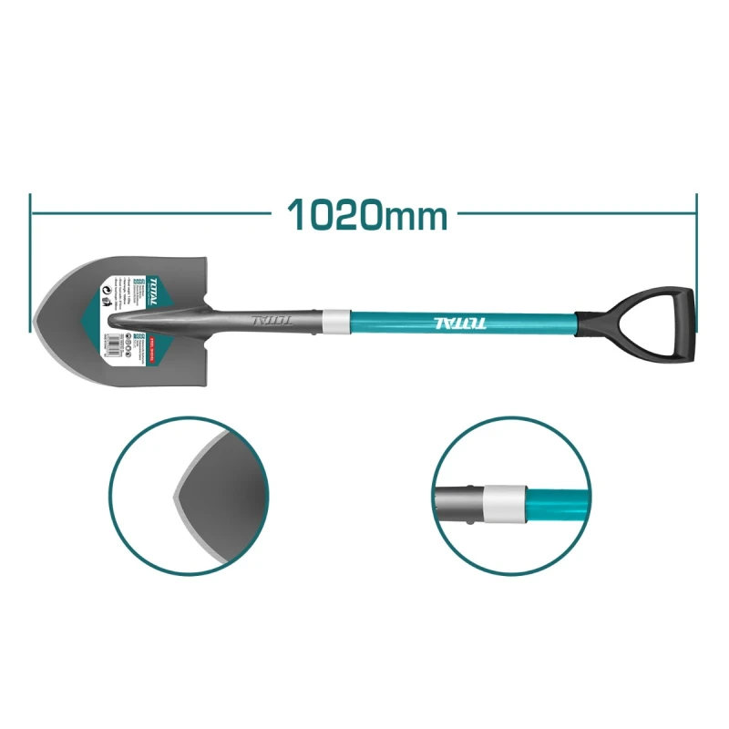 TOTAL Steel Shovel THTH12102, Durable 1kg Steel Head with Fiberglass Handle, Sharp Edge for Easy Digging, Lightweight, Strong & Comfortable Garden and Construction Tool - Total
