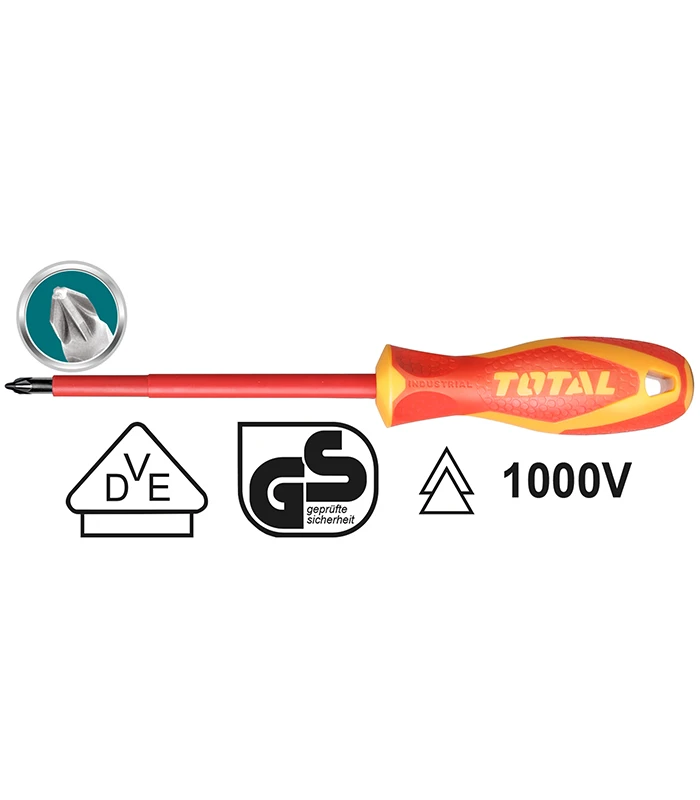 Total Insulated Phillips Screwdriver 1000V PH2×100 mm (THTISPH2100) – Chromium‑Vanadium Steel, VDE Certified - Total