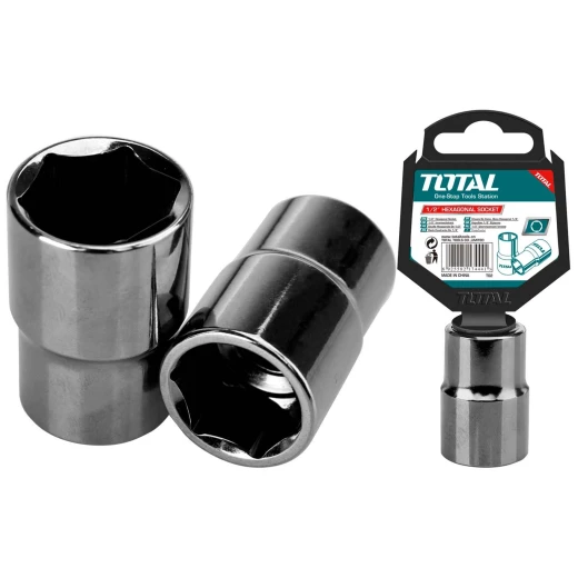 TOTAL 1/2" Hexagonal Socket 8mm (THTST12081), 50BV30 Material, Heat Treated, Black Nickel Plated, Durable Hand Tool in Plastic Packaging