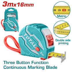 TOTAL Steel Measuring Tape 3m x 16mm with Rubber Cover and 3-Stop Button (TMT126031M)