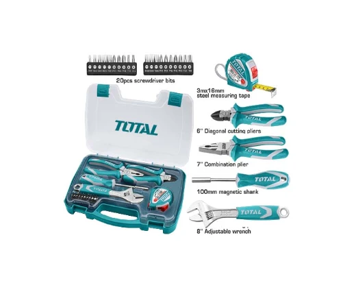 Total 25 Pcs Hand Tool Set with Plastic Bag (THKTHP90256) – Assorted Screwdrivers & Bits, Pliers, Wrench, Tape Measure, and More - Total