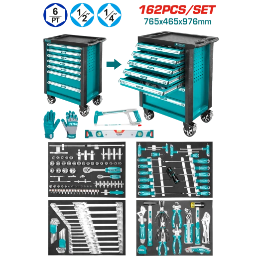 Total 162-Piece Tool Chest Set (THPTCS71621) – Metal Tool Cabinet with 7 Drawers, Swivel Casters, Comprehensive Set for Maintenance & Workshop Tasks Total 162-Piece Tool Chest Set (THPTCS71621) – Metal Tool Cabinet with 7 Drawers, Swivel Casters, Comprehensive Set for Maintenance & Workshop Tasks