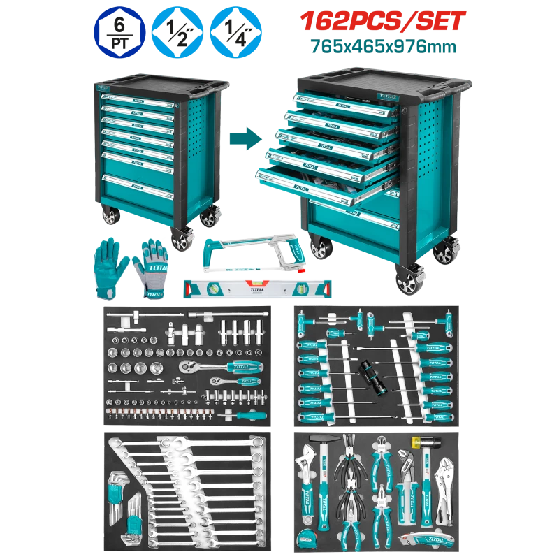 Total 162-Piece Tool Chest Set (THPTCS71621) – Metal Tool Cabinet with 7 Drawers, Swivel Casters, Comprehensive Set for Maintenance & Workshop Tasks - Total