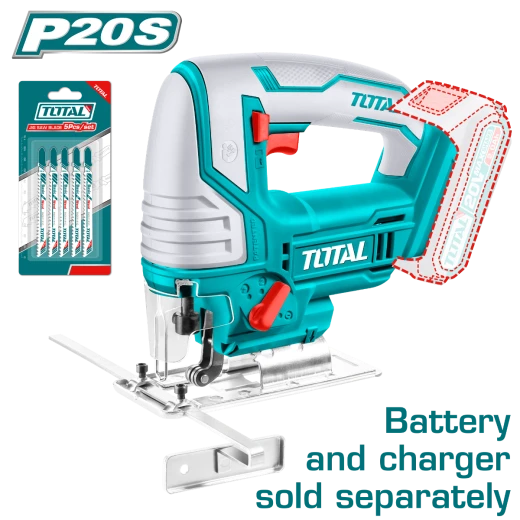 Total 20V Cordless Jig Saw with Variable Speed, 80mm Wood & 8mm Metal Cutting Capacity, Includes 5 Blades, Portable and Powerful Total 20V Cordless Jig Saw with Variable Speed, 80mm Wood & 8mm Metal Cutting Capacity, Includes 5 Blades, Portable and Powerful