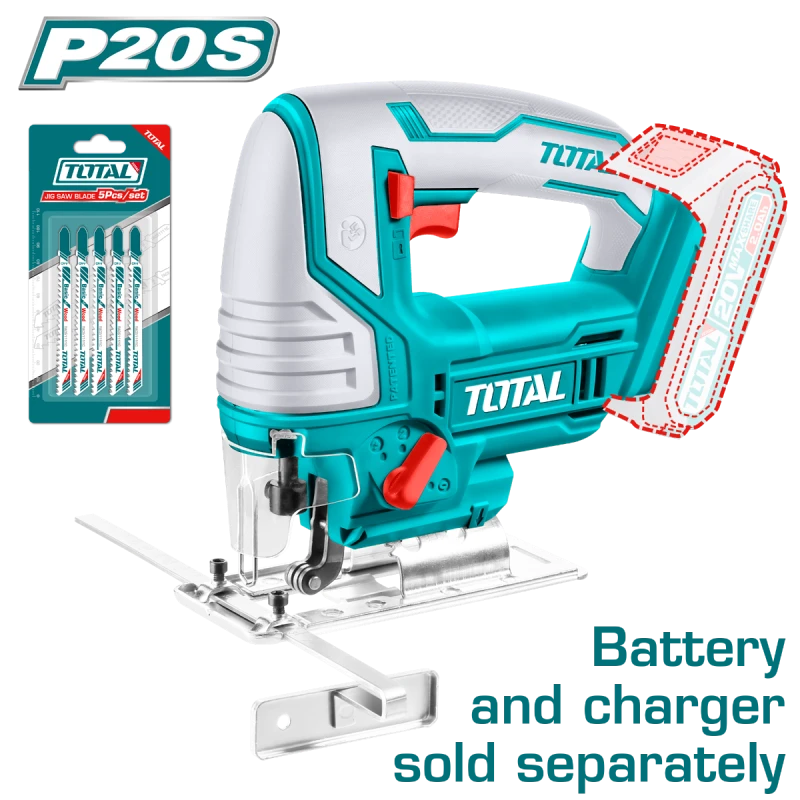Total 20V Cordless Jig Saw with Variable Speed, 80mm Wood & 8mm Metal Cutting Capacity, Includes 5 Blades, Portable and Powerful - Total
