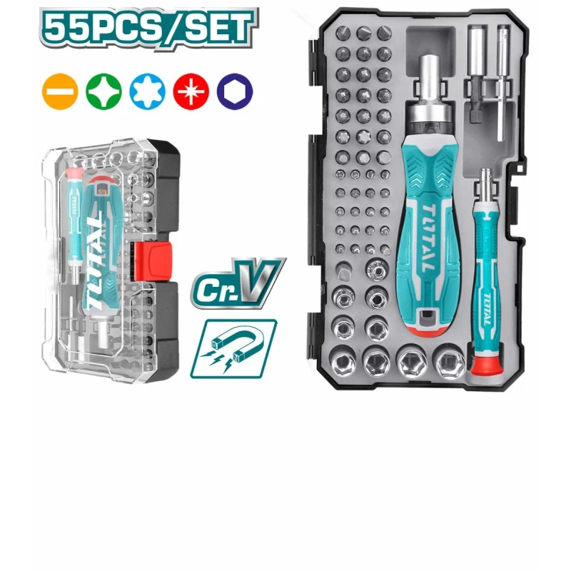 TOTAL 55-Piece Screwdriver Bits Se, Precision-Machined Durable Bits with Universal Shank & Storage Case for Manual & Power Drivers - Total