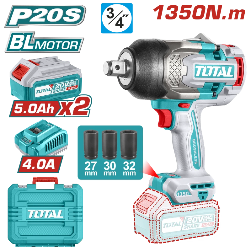 TOTAL Cordless Impact Wrench Brushless 1350N.m 3/4" (TIWLI20135) - Total