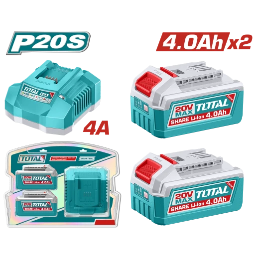 TOTAL 20V Lithium Ion Battery and Charger Kit 2x4.0Ah Batteries Fast Charging TOTAL 20V Lithium Ion Battery and Charger Kit 2x4.0Ah Batteries Fast Charging