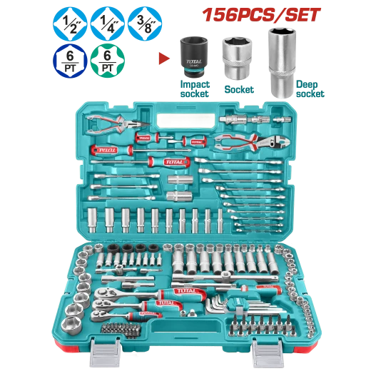TOTAL 156 Pcs Combination Tools Set Ratchets, Sockets, Bits & Wrenches with Carrying Case (THKTHP21566) TOTAL 156 Pcs Combination Tools Set Ratchets, Sockets, Bits & Wrenches with Carrying Case (THKTHP21566)
